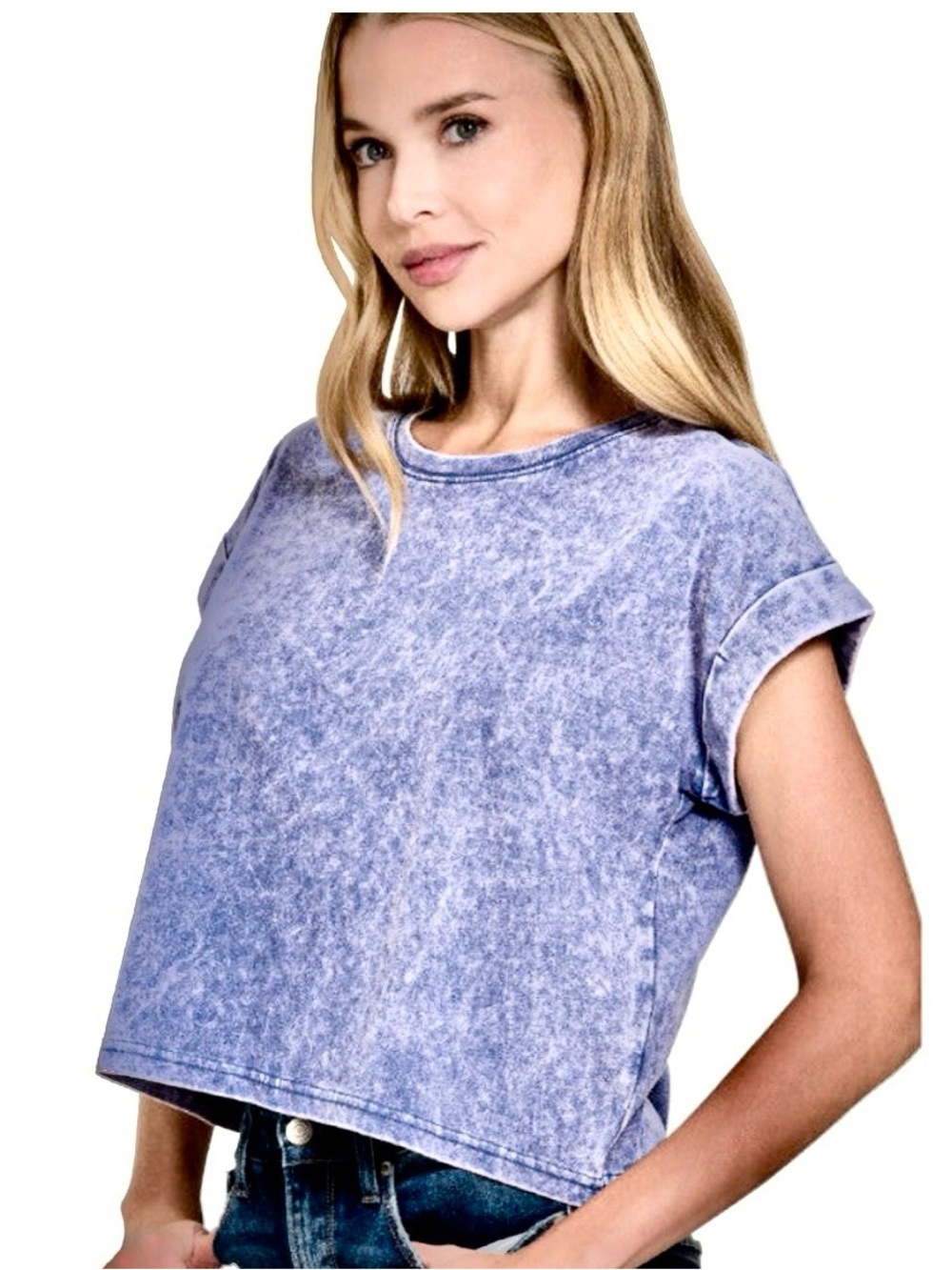 Zenana Outfitters Acid Washed Cropped Tee in Marlin